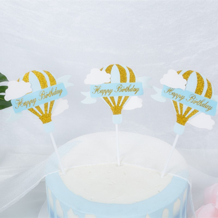 Set 3 Toppere pentru Tort, , Model Balon cu Aer Cald Happy Birthday, Tematica Aniversare, Albastru [4]