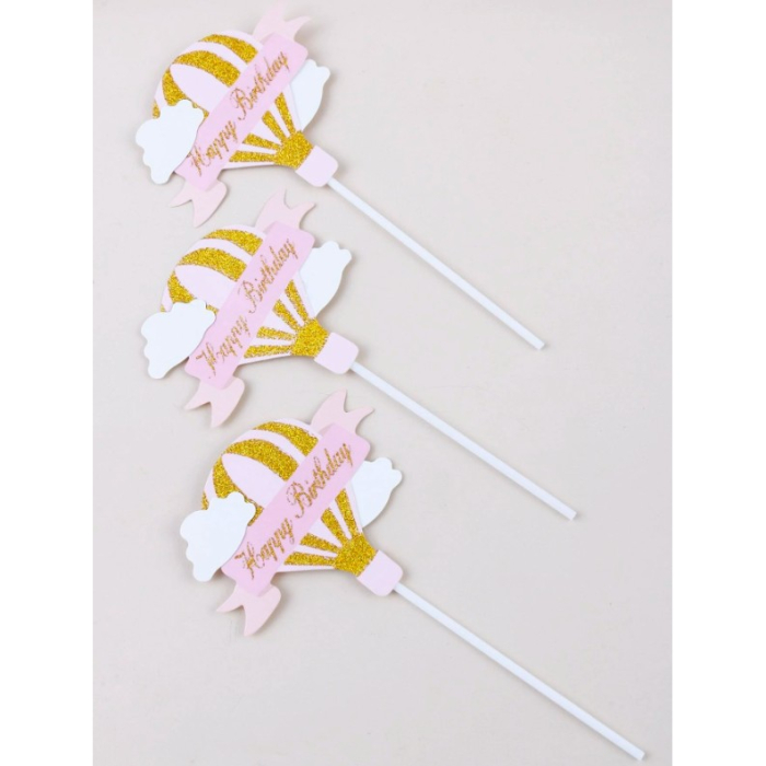 Set 3 Toppere pentru Tort, , Model Balon cu Aer Cald Happy Birthday, Tematica Aniversare, Roz [7]