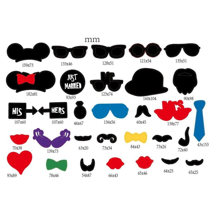 Set 31 de Accesorii pentru Petrecere, , Props pentru Coltul de Poze, Ochelari, Palarii, Mustata, Cravata, Tematica Nunta, Multicolor [2]
