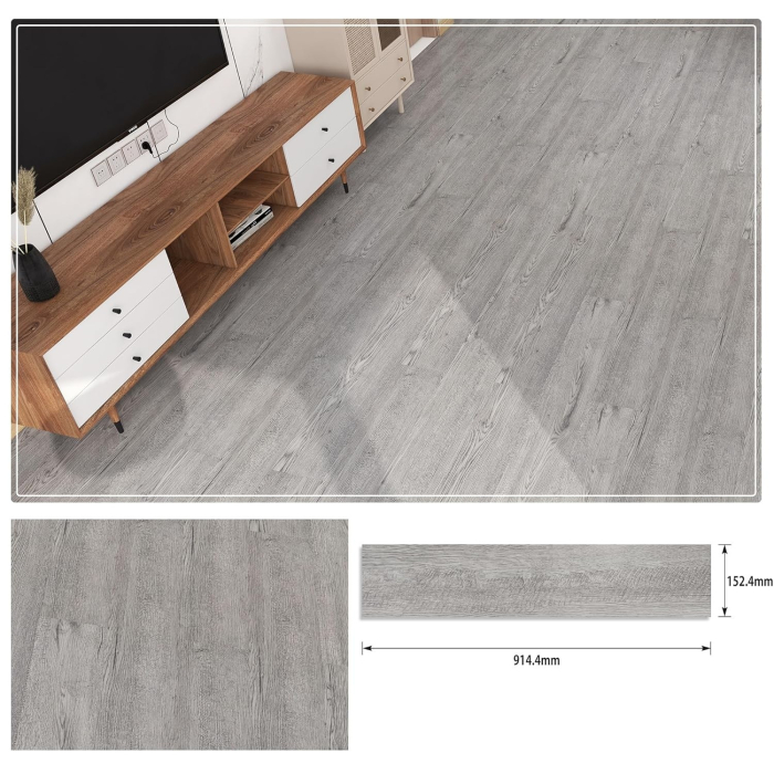 Set 36 Placi Autoadezive pentru Pardoseala, , din PVC, Impermeabil, Ignifug, Usor de Curatat, Dimensiune Placa 91.44 x 15.24 cm, Grosime 1.5 mm, Acoperire 5 m2, Model 3, Gri [2]