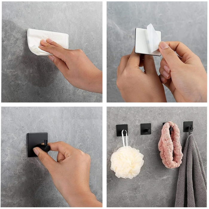 Set 4 agatatori tip cuier pentru baie, sistem fixare inclus, aluminiu, negru [7]