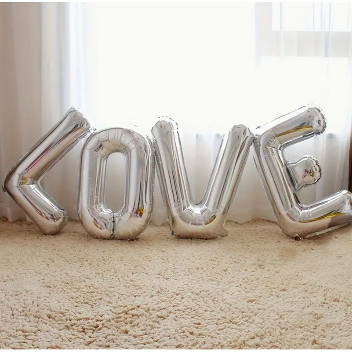 Set 4 Baloane din Folie Metalizata, , Figurine Litere, Model Scris Love, Tema Iubire, 80 cm, Ambalaj Individual, Pai Inclus, Umflare cu Aer sau Heliu, Argintiu [7]