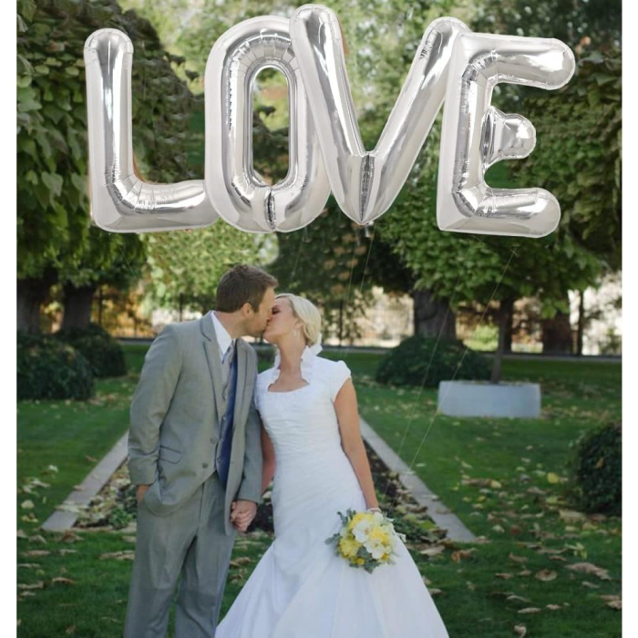 Set 4 Baloane din Folie Metalizata, , Figurine Litere, Model Scris Love, Tema Iubire, 80 cm, Ambalaj Individual, Pai Inclus, Umflare cu Aer sau Heliu, Argintiu [3]