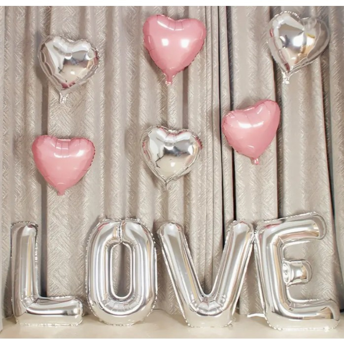 Set 4 Baloane din Folie Metalizata, , Figurine Litere, Model Scris Love, Tema Iubire, 80 cm, Ambalaj Individual, Pai Inclus, Umflare cu Aer sau Heliu, Argintiu [8]