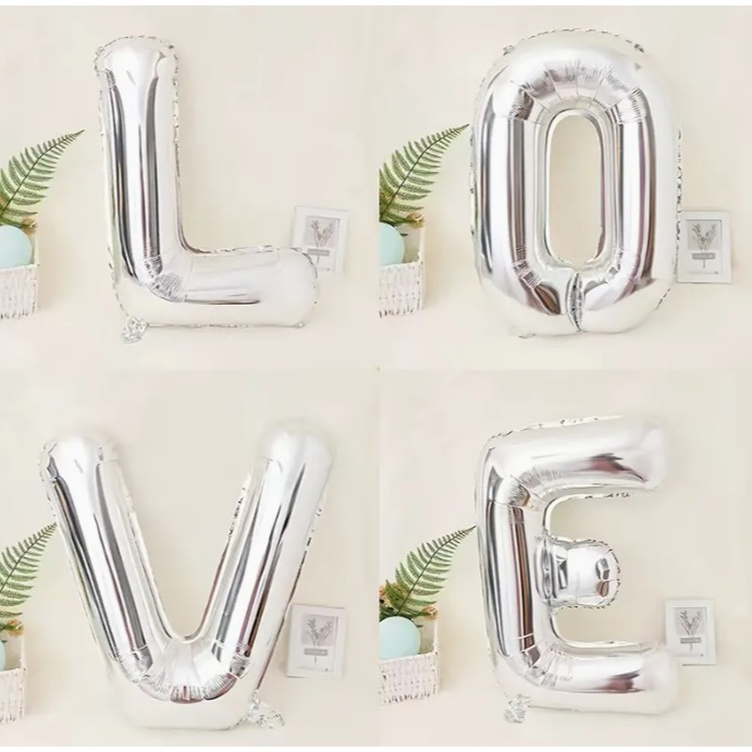 Set 4 Baloane din Folie Metalizata, , Figurine Litere, Model Scris Love, Tema Iubire, 80 cm, Ambalaj Individual, Pai Inclus, Umflare cu Aer sau Heliu, Argintiu [9]