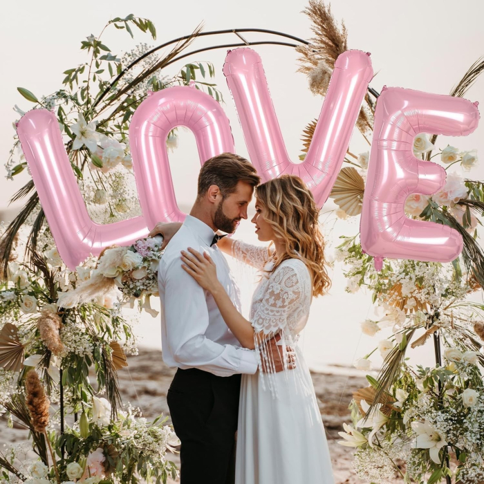 Set 4 Baloane din Folie Metalizata, , Figurine Litere, Model Scris Love, Tema Iubire, 80 cm, Ambalaj Individual, Pai Inclus, Umflare cu Aer sau Heliu, Roz [5]