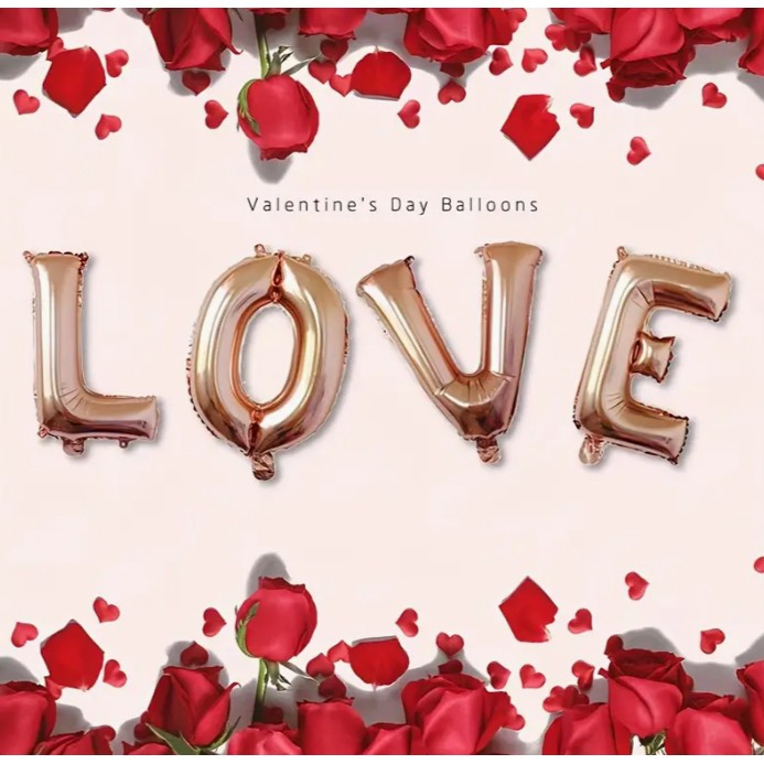 Set 4 Baloane din Folie Metalizata, , Figurine Litere, Model Scris Love, Tema Iubire, 80 cm, Ambalaj Individual, Pai Inclus, Umflare cu Aer sau Heliu, Roz [6]