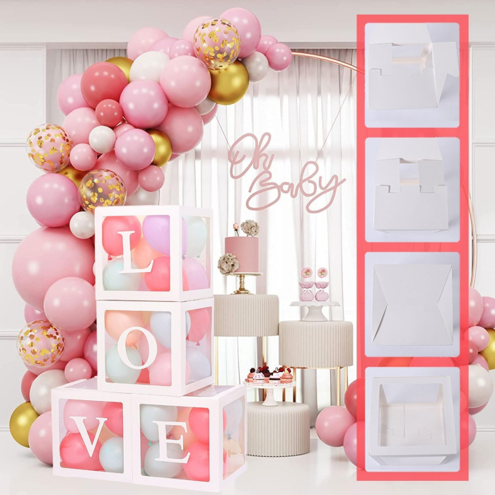 Set 4 Cutii pentru Baloane, , Model Scris Love, Tematica Iubire, Cuburi Decorative din Plastic, Accesorii pentru Petrecere, 30 x30 cm, Transparente Contur Alb [5]