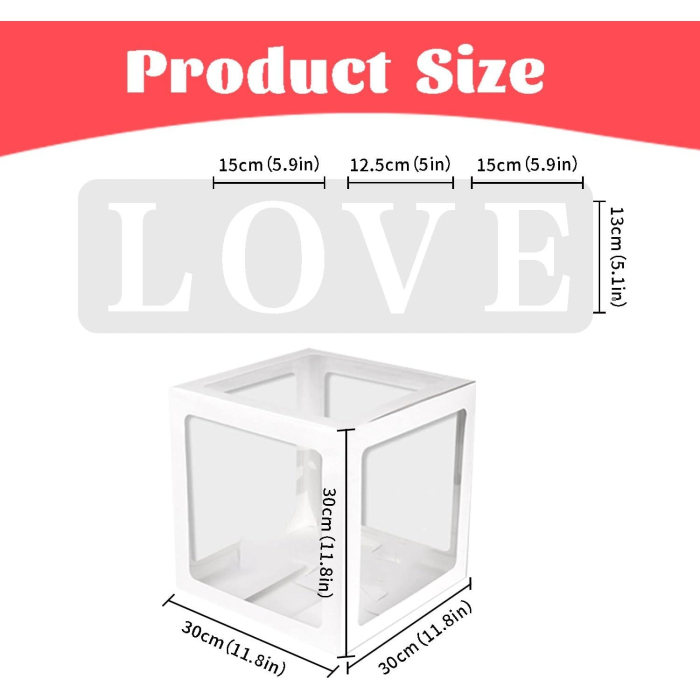 Set 4 Cutii pentru Baloane, , Model Scris Love, Tematica Iubire, Cuburi Decorative din Plastic, Accesorii pentru Petrecere, 30 x30 cm, Transparente Contur Alb [10]