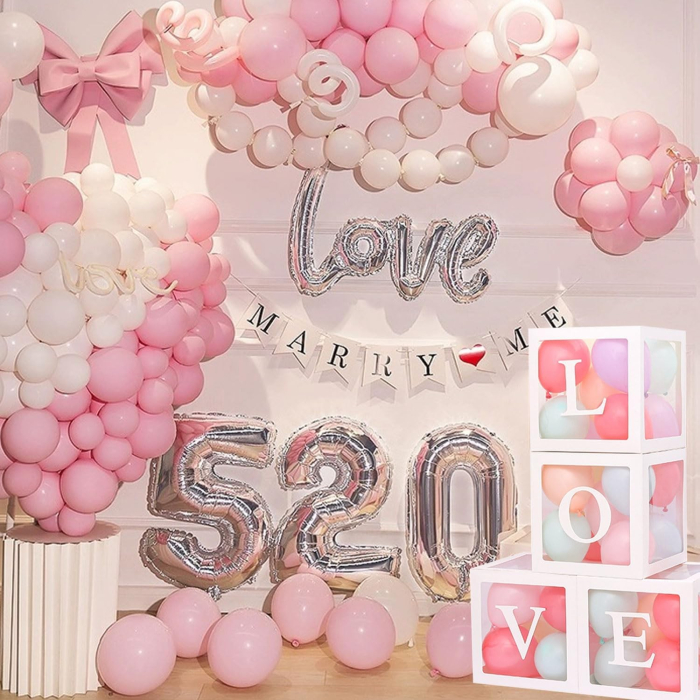 Set 4 Cutii pentru Baloane, , Model Scris Love, Tematica Iubire, Cuburi Decorative din Plastic, Accesorii pentru Petrecere, 30 x30 cm, Transparente Contur Alb [4]