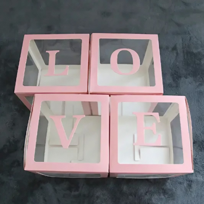 Set 4 Cutii pentru Baloane, , Model Scris Love, Tematica Iubire, Cuburi Decorative din Plastic, Accesorii pentru Petrecere, 30 x30 cm, Transparente Contur Roz [2]