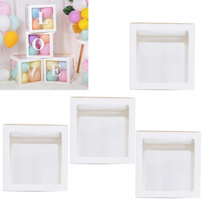 Set 4 Cutii pentru Baloane, , Model Simplu, Tematica Aniversare, Cuburi Decorative din Plastic, Accesorii pentru Petrecere, 30 x30 cm, Transparente Contur Alb [2]