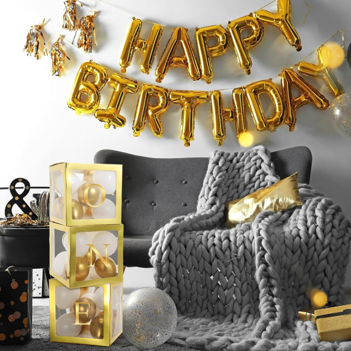 Set 4 Cutii pentru Baloane, , Model Simplu, Tematica Aniversare, Cuburi Decorative din Plastic, Accesorii pentru Petrecere, 30 x30 cm, Transparente Contur Auriu [10]