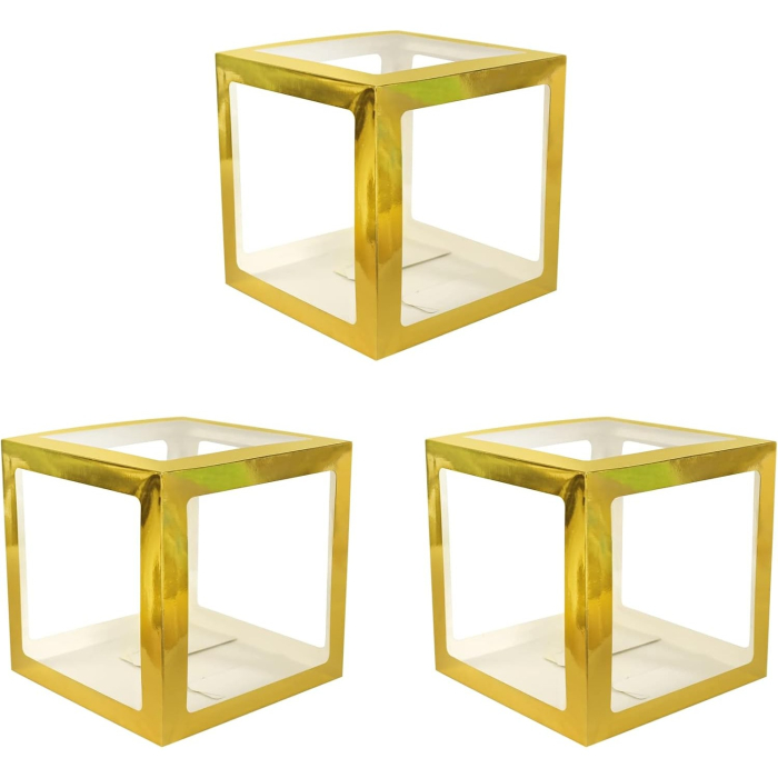 Set 4 Cutii pentru Baloane, , Model Simplu, Tematica Aniversare, Cuburi Decorative din Plastic, Accesorii pentru Petrecere, 30 x30 cm, Transparente Contur Auriu [7]