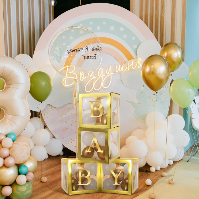 Set 4 Cutii pentru Baloane, , Model Simplu, Tematica Aniversare, Cuburi Decorative din Plastic, Accesorii pentru Petrecere, 30 x30 cm, Transparente Contur Auriu [8]