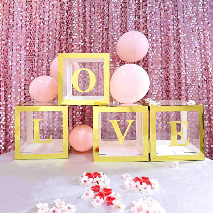 Set 4 Cutii pentru Baloane, , Model Simplu, Tematica Aniversare, Cuburi Decorative din Plastic, Accesorii pentru Petrecere, 30 x30 cm, Transparente Contur Auriu [4]