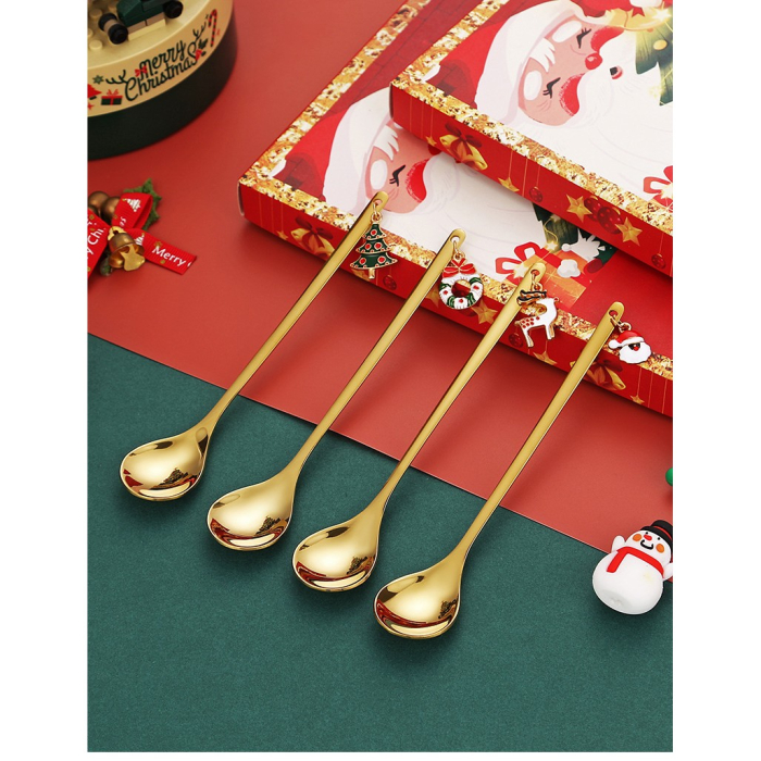 Set 4 Lingurite, , Tema Craciun, Model Carry The Merry, 4 Modele Tip Pandantiv, din Otel Inoxidabil, 19 x 16 x 2 cm, Multicolor [4]