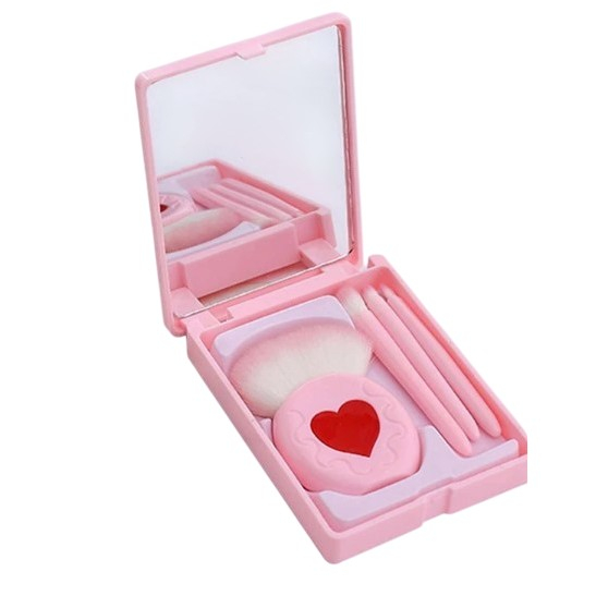 Set 4 Mini Pensule de Machiaj, , Portabile, in Carcasa cu Oglinda, din Par Sintetic Moale, Roz, Model cu Inima, 12x7x2.5 cm [5]