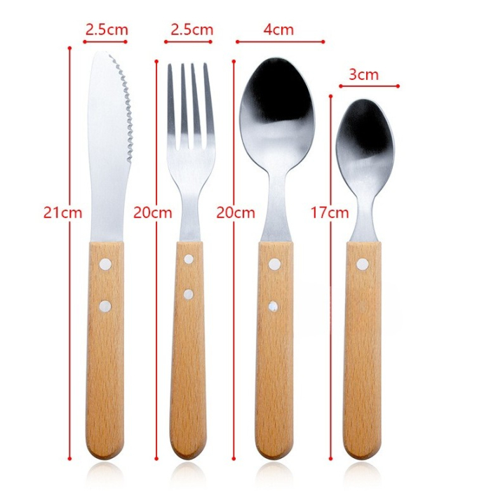 Set 4 tacamuri pentru masa , otel 304, lingura, lingurita desert, cutit, furculita, maner din lemn de fag, 20 x 4 x 2 cm, gri [6]