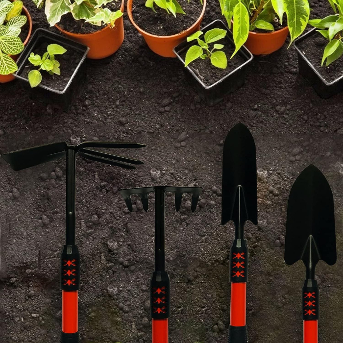 Set 4 Unelte de Gradina , Maner extensibil, pentru Plantare Prelucrare Sol si Ingrijire Plante, Material otel carbon, negru [4]