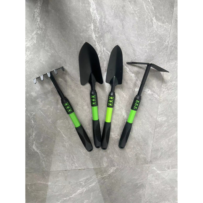 Set 4 Unelte de Gradina , pentru Plantare, Prelucrare Sol si Ingrijire Plante, Material PVC Carbon, Grebla, Sapaliga cu Cap Dublu, Lopata Mica, Lopata Lata, 43 x 11 cm, Negru/Verde [2]
