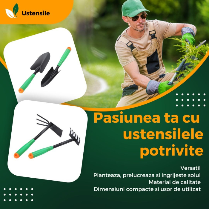 Set 4 Unelte de Gradina , pentru Plantare Prelucrare Sol si Ingrijire Plante, Material PVC si cardboard, 31.5 x 8.5 cm, verde [2]
