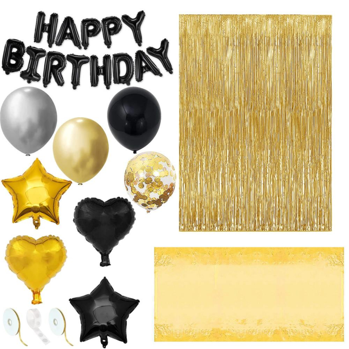 Set 46 baloane si decoratiuni, Happy Birthday, incluse fata de masa si perdea negru auriu [3]