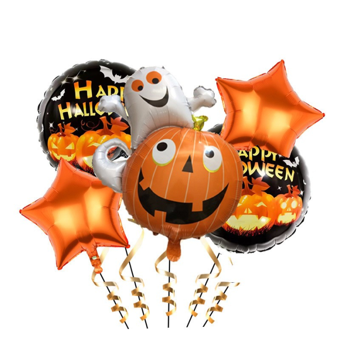 Set 5 Baloane din Folie Metalizata, , Figurine, Tema Halloween, Pai Inclus, Ambalaj Individual, Umflare cu Aer sau Heliu, Figurina Dovleac cu Fantoma 64x80 cm, Stelute si Cerculete 45 cm, Multicolor [6]