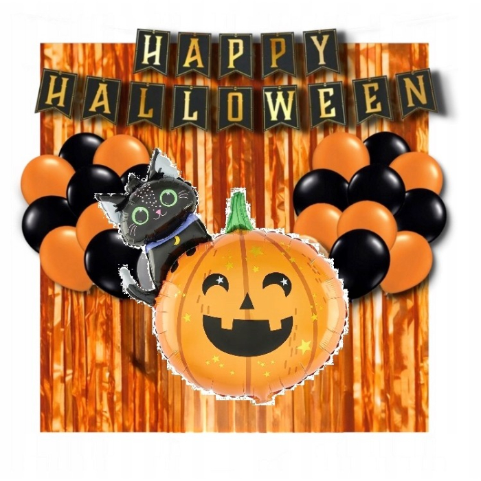 Set 5 Baloane din Folie Metalizata, , Figurine, Tema Halloween, Pai Inclus, Ambalaj Individual, Umflare cu Aer sau Heliu, Figurina Dovleac si Pisica 84x69 cm, Stelute si Cerculete 45 cm, Multicolor [4]