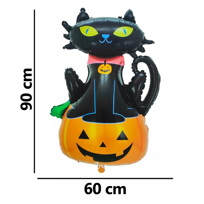 Set 5 Baloane din Folie Metalizata, , Figurine, Tema Halloween, Pai Inclus, Ambalaj Individual, Umflare cu Aer sau Heliu, Figurina Dovleac si Pisica 90x60 cm, Stelute si Cerculete 45 cm, Portocaliu-Negru [6]
