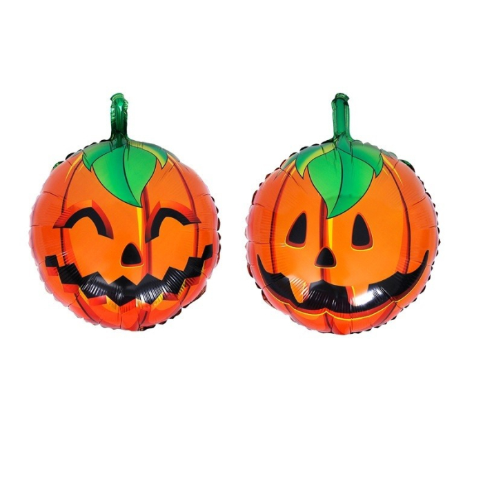 Set 5 Baloane din Folie Metalizata, , Figurine, Tema Halloween, Pai Inclus, Ambalaj Individual, Umflare cu Aer sau Heliu, Figurina Dovleac si Pisica 90x60 cm, Stelute si Cerculete 45 cm, Portocaliu-Negru [2]