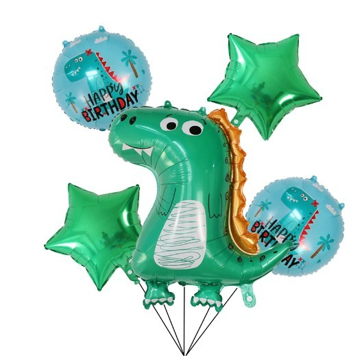 Set 5 Baloane folie de aluminiu, , Figurina Dinozaur, pentru aniversare HAPYY BIRTHDAY, Stelute Verzi si Baloane Albastre, 50 - 70 cm [2]