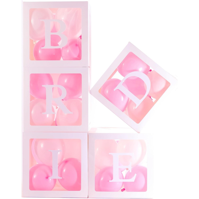 Set 5 Cutii pentru Baloane, , Model Scris Bride, Tematica Nunta, Cuburi Decorative din Plastic, Accesorii pentru Petrecere, 30 x30 cm, Transparente Contur Alb [5]
