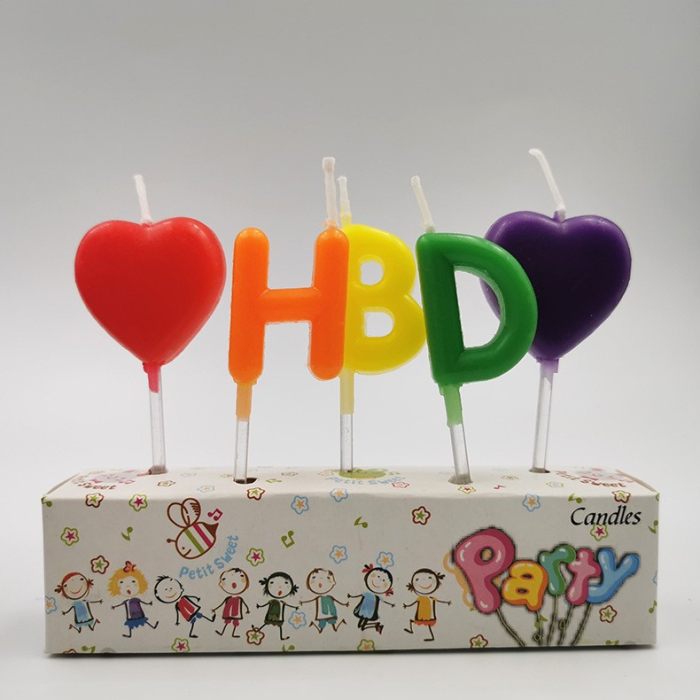Set 5 Lumanari de Tort, , Model Inimi, Litere HBD, 1.8 x 2.7 cm, din Ceara, Multicolor [3]