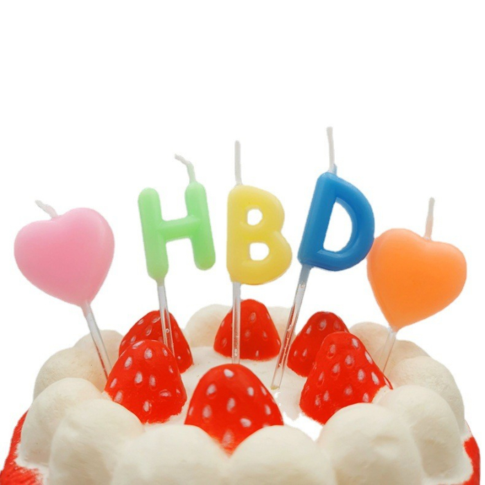 Set 5 Lumanari de Tort, , Model Inimi, Litere HBD, 1.8 x 2.7 cm, din Ceara, Multicolor [4]