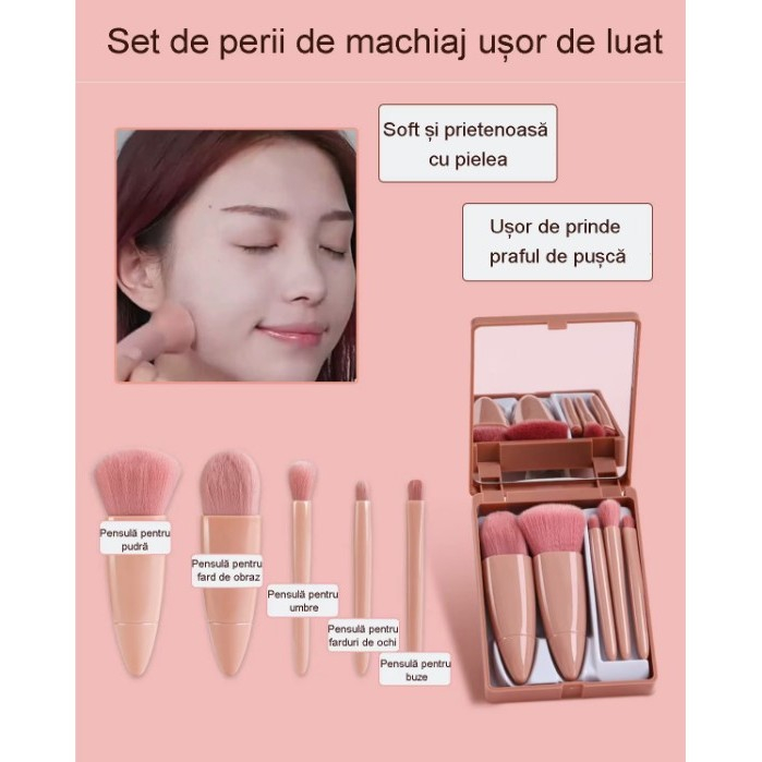 Set 5 Mini Pensule de Machiaj, , Portabile, in Carcasa cu Oglinda, din Par Sintetic Moale, Roz Pastel, 12x7x2.5 cm [7]