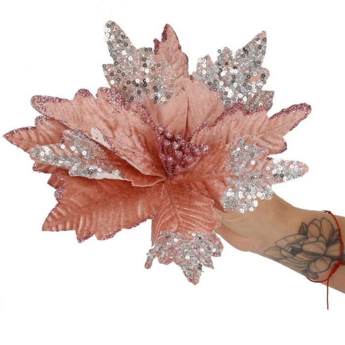 Set 5 ornamente pentru bradul de Craciun, stea Poinsettia, 26cm, roz argintiu [6]