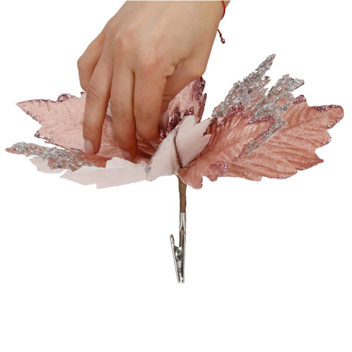 Set 5 ornamente pentru bradul de Craciun, stea Poinsettia, 26cm, roz argintiu [5]