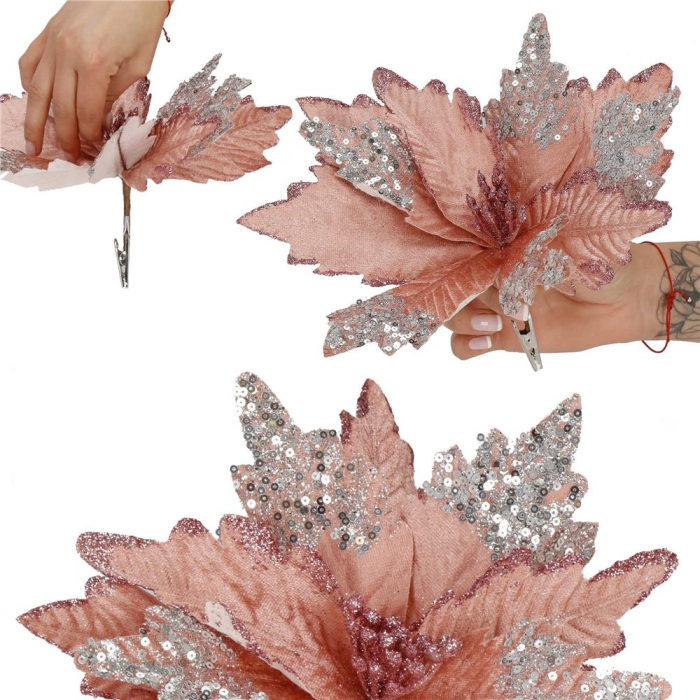 Set 5 ornamente pentru bradul de Craciun, stea Poinsettia, 26cm, roz argintiu [13]