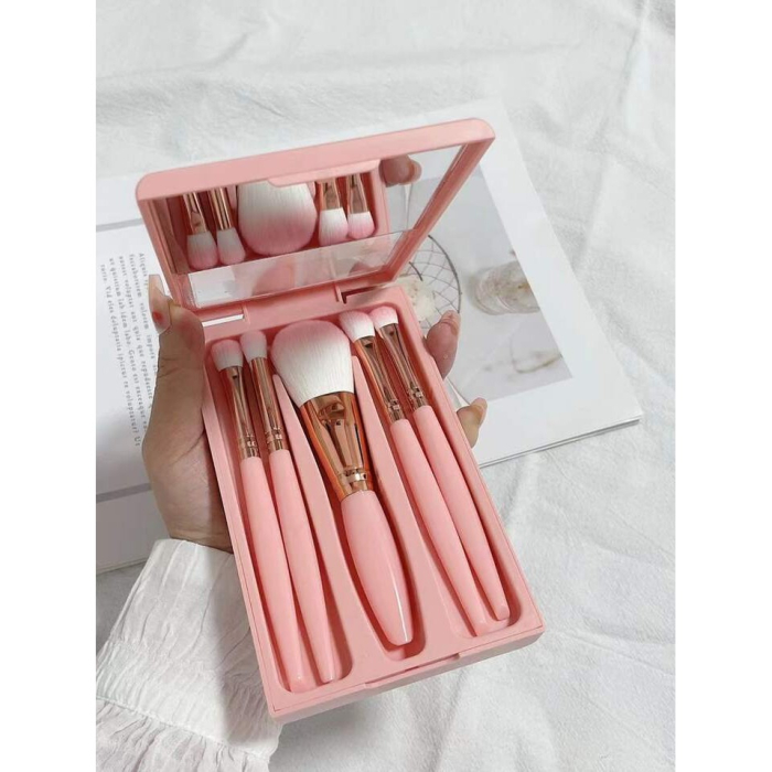 Set 5 Pensule de Machiaj cu Peri Moi, , cu Suport pentru Depozitare si Oglinda, Roz [3]