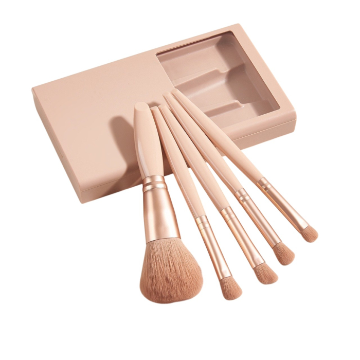 Set 5 Pensule de Machiaj cu Peri Moi, , cu Suport pentru Depozitare si Oglinda, Roz Pal [3]