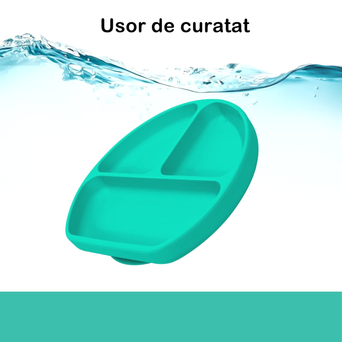 Set 5 piese diversificare bebelusi si copii din silicon , baveta, farfurie compartimentata cu ventuza, bol cu ventuza, tacamuri, fara alergeni, verde [2]