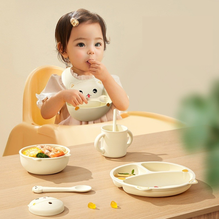 Set 5 Piese Hranire Bebelusi si Copii, , din Silicon, fara BPA, de la 12 Luni, Model Pisicuta, 28 x 26 x 2 cm, Bej [6]