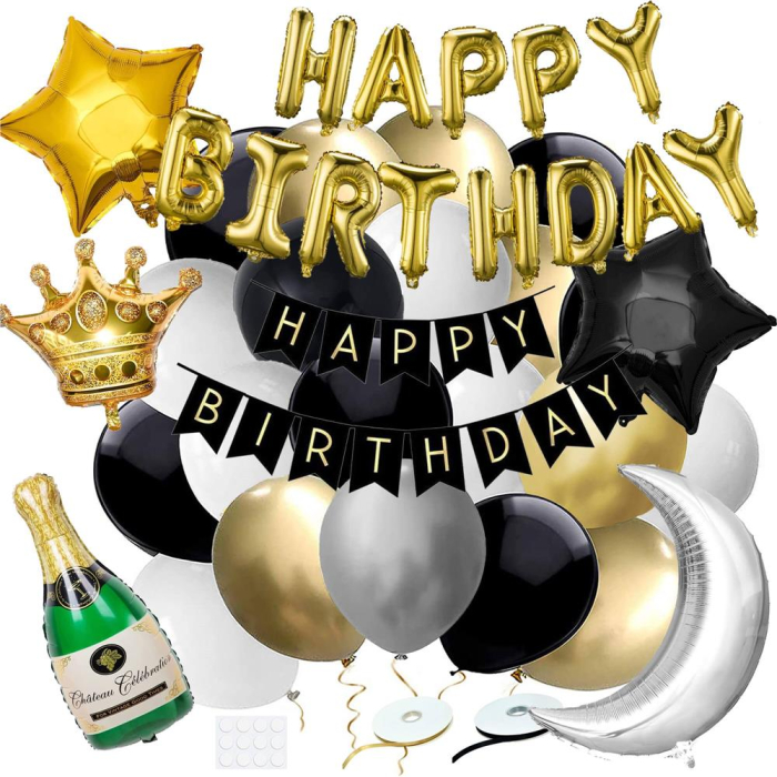 Set 53 baloane si decoratiuni, Happy Birthday, argintiu, negru, auriu [8]