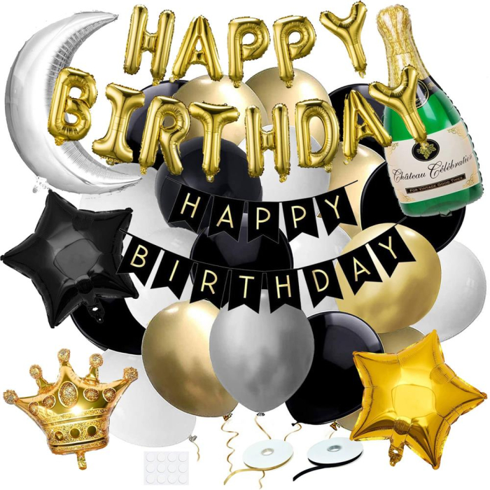 Set 53 baloane si decoratiuni, Happy Birthday, argintiu, negru, auriu [7]