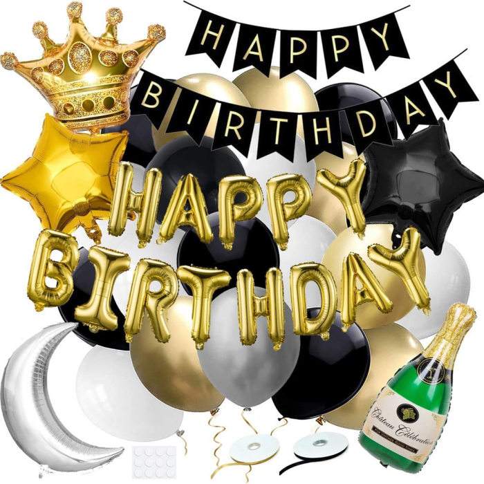 Set 53 baloane si decoratiuni, Happy Birthday, argintiu, negru, auriu [9]