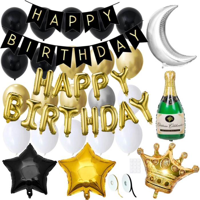 Set 53 baloane si decoratiuni, Happy Birthday, argintiu, negru, auriu [16]