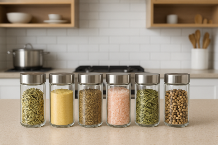 Set 6 borcane condimente 5Five din sticla, 80 ml, capac inox, transparent [3]