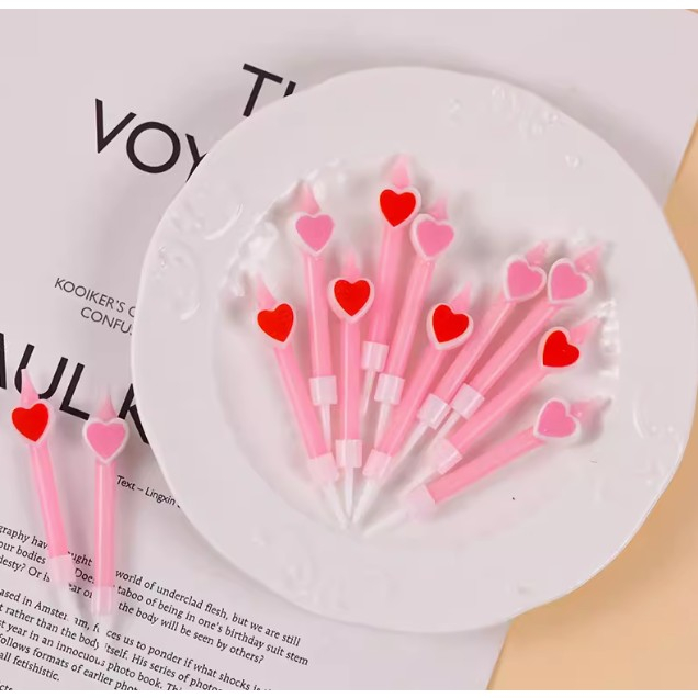 Set 6 Lumanari de Tort, , Model Creion cu Inimioare, 5.9 x 1.1 cm, din Ceara, Roz [3]