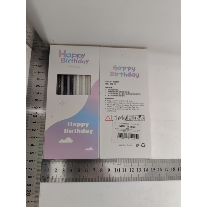 Set 6 Lumanari Lungi, , din Parafina, 10 x 0.5 cm, Happy Birthday, Alb/Negru [2]